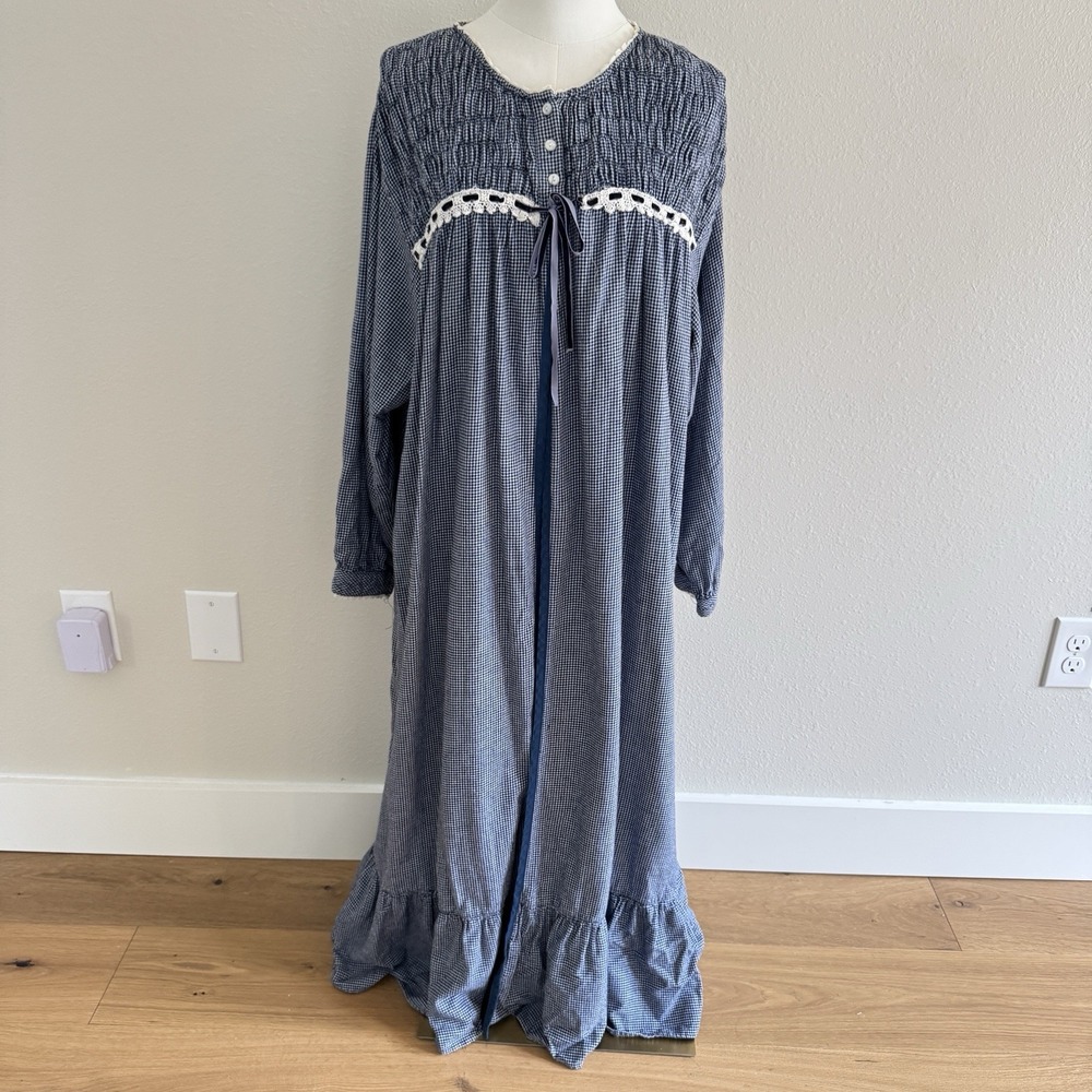 Vintage Blue Houndstooth Cotton Smocked Nightgown Open Robe Sz 1X Cottage Core